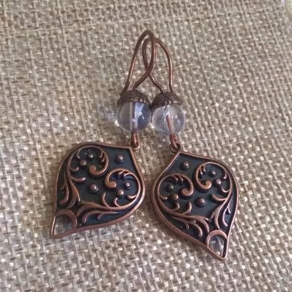 Gorgeous, Heavy & Ornate! Handmade Copper + Clear Quartz Statement Earrings - Picture 3 of 11